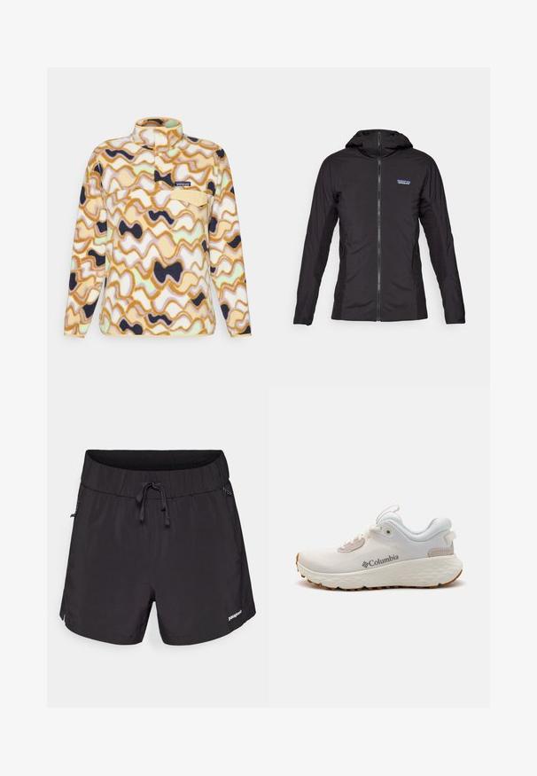 Casaco leve preto com fecho na frente e capuz. Painéis de tecido texturizado nos lados, apresentando um pequeno logótipo no canto superior esquerdo.; Patagonia SNAP - Camisola de lã polar - natural; Fato de banho preto feito de tecido leve, com uma cintura elástica, cordão e bolsos laterais para maior funcionalidade.; Sapatilha atlética leve da Columbia em malha branca com uma sola cinza texturizada e tração em borracha. Apresenta um colarinho acolchoado e um design com atacadores.