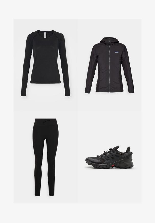 Fekete, könnyű dzseki elöl cipzárral és kapucnival. Az oldalán texturált anyagpanelek találhatók, amelyek felső bal oldalán egy kis logót viselnek.; Fekete hosszú ujjú póló, puha anyagból készült. Kerek nyakú és rakott ujjal rendelkezik, az ujjak végén hüvelykujjnak való nyílással. Minimalista dizájn.; Fekete leggings rugalmas anyagból, magas derékkal, elülső húzózsinórral és sima, varrat nélküli kialakítással.; Fekete sportcipők textúrált felsőrésszel, biztonságos fűzőrendszerrel, párnázott talppal és szembeötlő piros akcentussal az oldalon.