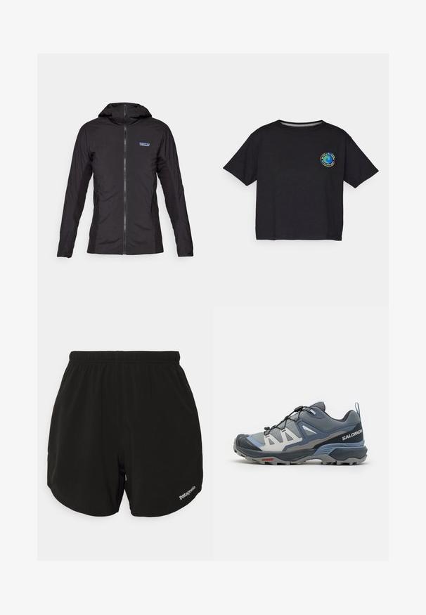 Mustan kevyt takki, jossa on etuvetoketju ja huppu. Teksturoituneet kangaspaneelit sivuilla, joissa on pieni logo vasemmassa yläkulmassa.; Mustat puuvillaiset lyhythihaiset T-paidat, joissa on pyöreä monivärinen logo rinnassa. Suora helma ja rento istuvuus.; Mustat urheilushortsit, joissa on elastinen vyötärö, kaareva helma, sivutaskut ja pieni valkoinen "Patagonia"-logo alhaalla oikealla.; Salomon X ULTRA 360 - Vaelluskengät - sharkskin/grisaille/stonewash