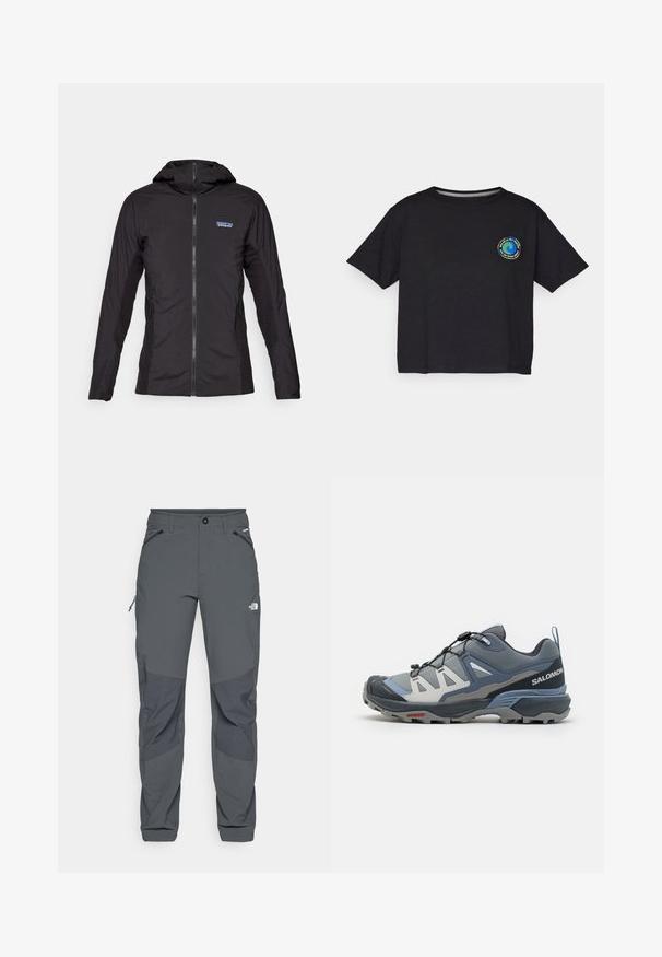 Jachetă ușoară de culoare neagră, cu fermoar frontal și glugă. Panouri din material texturat pe laterale, având un logo mic în partea stângă sus.; T-shirt scurt cu mânecă, de culoare neagră, din bumbac, având un logo circular multicolor pe piept. Tiv dreapt și croială lejeră.; Pantaloni de exterior gri închis cu jerseuri întărite la genunchi, buzunare laterale și frontale cu fermoar, închidere cu nasture și logo-ul The North Face pe coapsă.; Salomon X ULTRA 360 - Pantofi drumeție - sharkskin/grisaille/stonewash