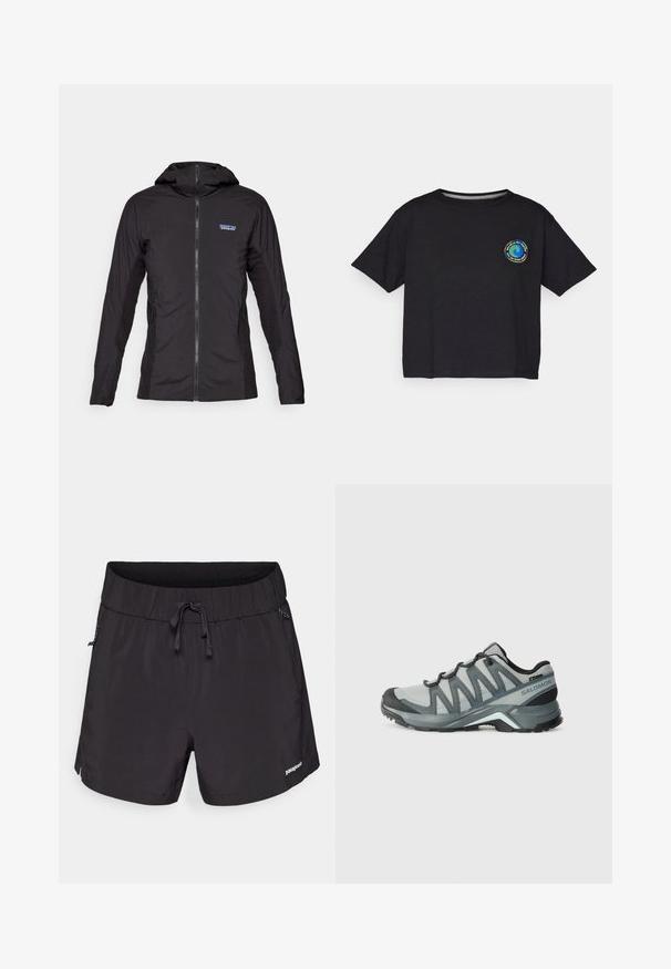 Mustmust kaaluv jope, millel on eesneel ja kapuuts. Külgedel on tekstuuriga kangaste paneelid ning vasakul üleval on väike logo.; Must musta lühikeste varrukatega T-särk, millel on rinnal ringikujuline mitmevärviline logo. Otse lõpp ja mugav lõige.; Mustad mustad ujumispüksid kergest kangast, elastse vöökoha, paelaga ja küljetaskutega funktsionaalsuse jaoks.; Kerged jalgsimatkavate kingad hallist silmkoest mustrite aktsentidega. Omavad tekstuuriga tallat ja pehmendatud kand, et tagada mugavus ja haarduvus.