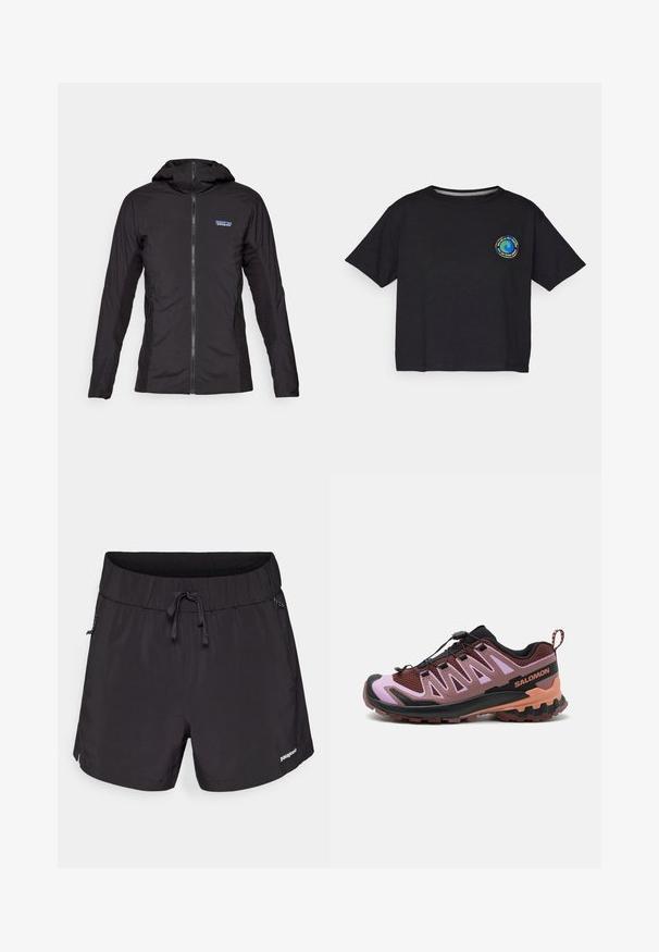 Black lightweight jacket with a front zipper and hood. Textured fabric panels on the sides, featuring a small logo on the upper left.; Black cotton short-sleeve T-shirt featuring a circular multicolored logo on the chest. Straight hem and relaxed fit.; Black swim shorts made from lightweight fabric, featuring an elastic waistband, drawstring, and side pockets for functionality.; Trail running shoe in black, maroon, and pink. Features a mesh upper, integrated lacing system, textured sole, and a stabilizing heel counter.