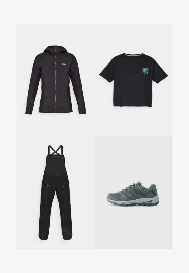 Čierna ľahká bunda s predným zipsom a kapucňou. Textúrované látkové panely po stranách, s malým logom na hornej ľavej strane.; Čierne bavlnené tričko s krátkym rukávom s kruhovým viacfarebným logom na hrudi. Priamy lem a voľný strih.; Čierne lyžiarske overaly s priliehavým vrchom a voľnými nohavicami. Majú nastaviteľné popruhy, vrecká na zips po bokoch a kontrastnú tmavú látku na členkoch.; Tmavohnedé turistické topánky s hornou časťou z textilu a semišu, viazaním, polstrovanou podrážkou a robustnou vonkajšou podrážkou s gripom.