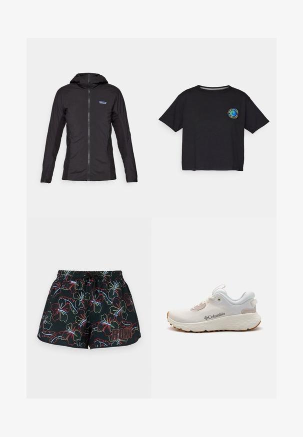 Veste légère noire avec une fermeture éclair à l'avant et une capuche. Panneaux en tissu texturé sur les côtés, avec un petit logo en haut à gauche.; T-shirt noir en coton à manches courtes avec un logo circulaire multicolore sur la poitrine. Ourlet droit et coupe décontractée.; Shorts de bain noirs avec un motif floral coloré en rouge, vert et bleu. Taille élastique avec cordon de serrage ; logo "ROXY" sur le côté.; Chaussure de sport Columbia légère en mesh blanc avec une semelle texturée grise et une traction en caoutchouc. Dotée d'un collier rembourré et d'un design à lacets.