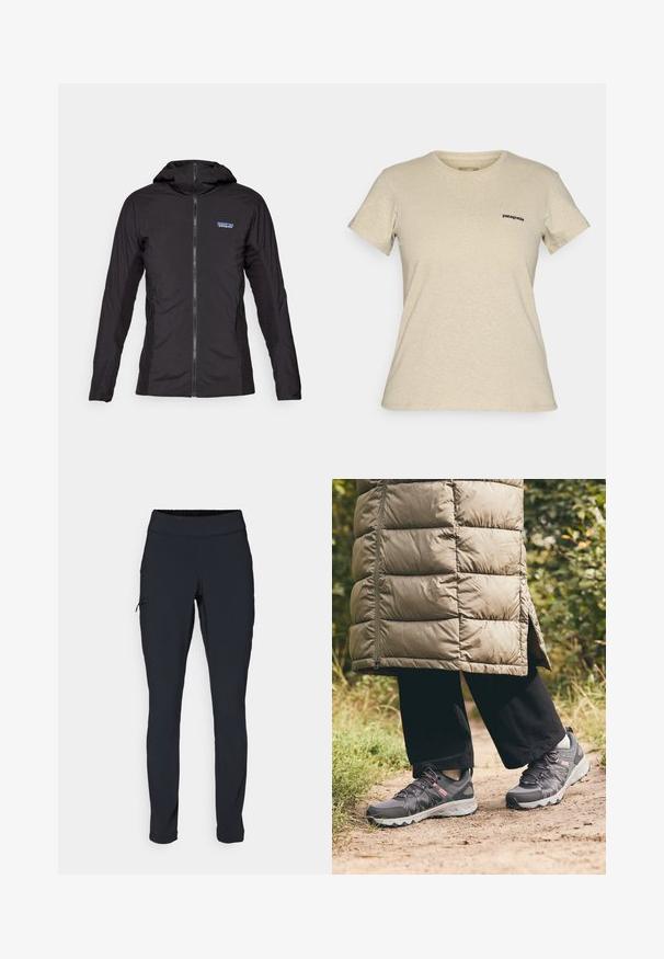 Mustmust kaaluv jope, millel on eesneel ja kapuuts. Külgedel on tekstuuriga kangaste paneelid ning vasakul üleval on väike logo.; Beige Patagonia lühikeste varrukatega T-särk ümmarguse kaelusega, millel on väike must logo vasakul rinnal, esitatud lihtsal taustal.; Mustad mustad sportpüksid kitsaste lõikega, elastse vöökoha ja küljetaskuga, millel on tõmblukk. Sile, veniv kangas minimaalsete õmblustega.; Columbia PEAKFREAK™ II OUTDRY™ - Matkajalatsid - graphite/salmon rose
