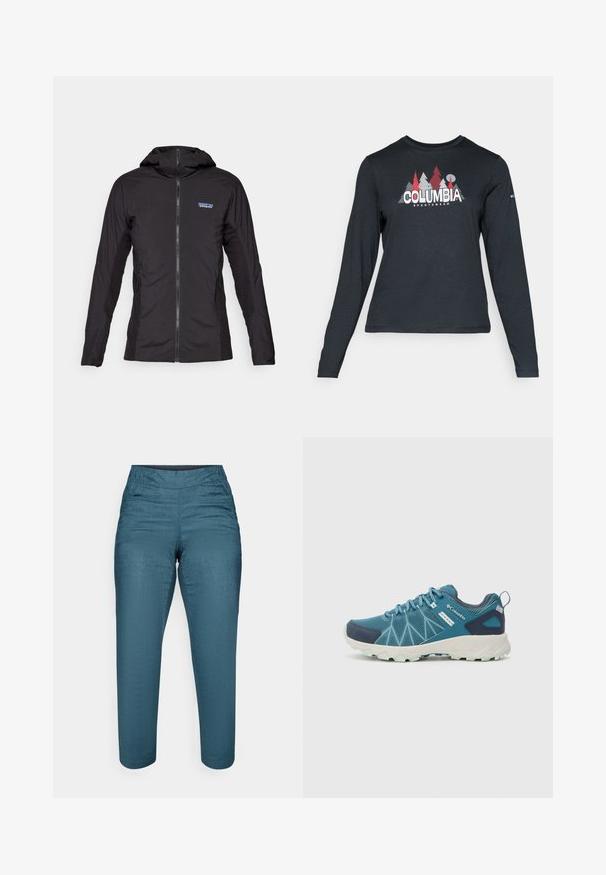 Juodas lengvas švarkas su priekiniais užtrauktukais ir gobtuvu. Šoninės dalys pagamintos iš tekstūruoto audinio, viršuje kairėje pusėje yra nedidelis logotipas.; Ilga rankovė tamsiai pilka marškinėliai su raudonų medžių ir kalnų grafika; drąsaus baltos spalvos teksto "COLUMBIA" logotipas. Minkšta medžiaga, standartinis apvalus kaklas.; Mėlynos kelnes su elastinga juosmens dalimi, pasižyminčios tekstūruotu audiniu ir tiesiu kojų fasonu. Nėra matomų kišenių ar įrangos detalių.; Columbia PEAKFREAK™ II OUTDRY™ - Turistiniai batai - blue heron/skylight