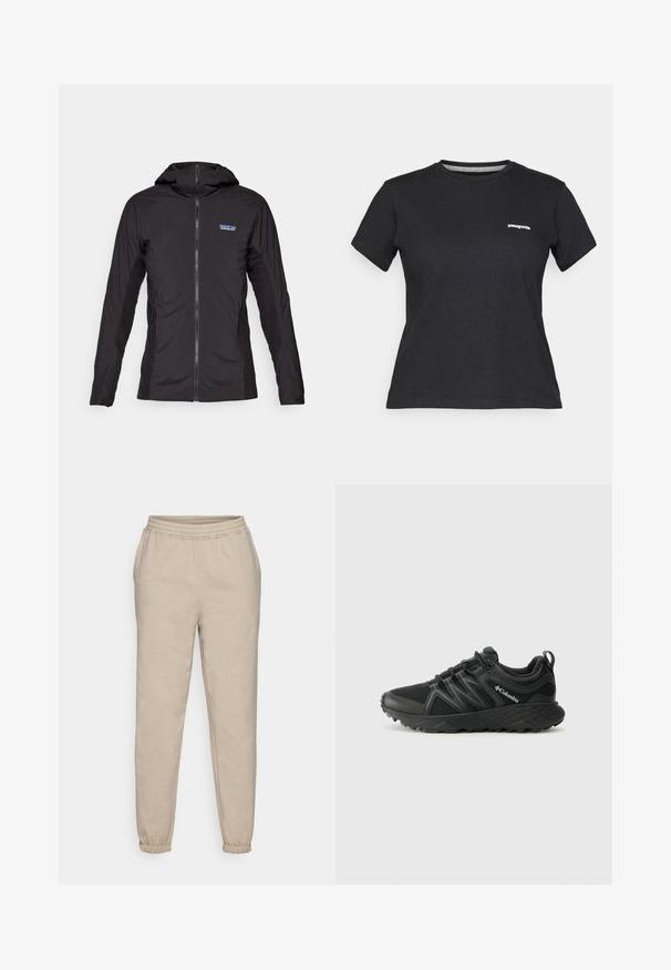 Sort letvægtsjakke med lynlås foran og hætte. Teksturerede stofpaneler på siderne med et lille logo øverst til venstre.; Sort bomulds T-shirt med rund hals og korte ærmer. Har et hvidt "Patagonia" logo på venstre bryst.; Beige sweatpants lavet af blødt bomuldsblandingsstof. Har en elastisk talje og tapered manchetter for en afslappet pasform.; Columbia PEAKFREAK - Hikingsko - black