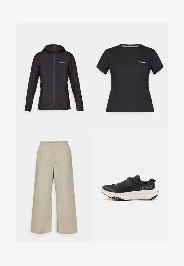 Melnā vieglā jaka ar priekšējo rāvējslēdzēju un kapuci. Tekstūras auduma paneļi sānos, ar mazu logo augšējā kreisajā stūrī.; Melna kokvilnas T-krekls ar apaļu kakla izgriezumu un īsām piedurknēm. Uz kreisās krūšu zonas atrodas balts "Patagonia" logs.; Platām kājām bikses gaiši bežā audumā ar elastīgu jostasvītru, gludu tekstūru un bez redzamām detaļām vai rakstiem.; Melni sporta apavi ar elpojošu režģi augšdaļā, gumijas zoli, baltu amortizējošu starpzoli un atstarotājām šņorēm. Vibram logo uz zoles.