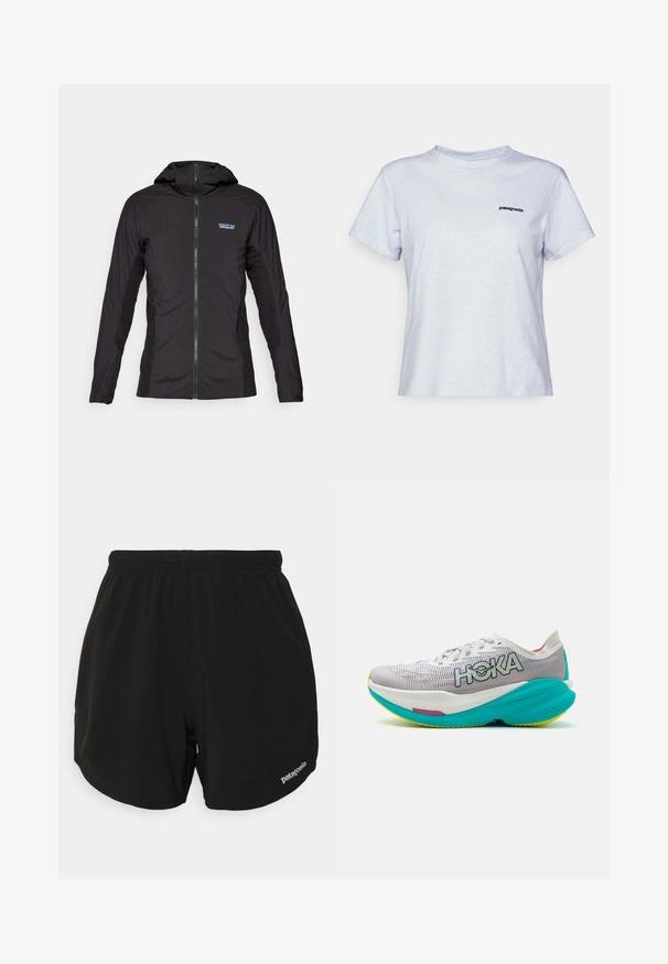 Black lightweight jacket with a front zipper and hood. Textured fabric panels on the sides, featuring a small logo on the upper left.; Light blue cotton t-shirt with short sleeves, crew neckline, and a small black logo reading "patagonia" on the left chest.; Black athletic shorts with an elastic waistband, featuring a curved hem, side pockets, and a small white "Patagonia" logo on the lower right.; Running shoes with a white and grey breathable mesh upper, bright turquoise sole, and HOKA branding. Features a cushioned design with accents.