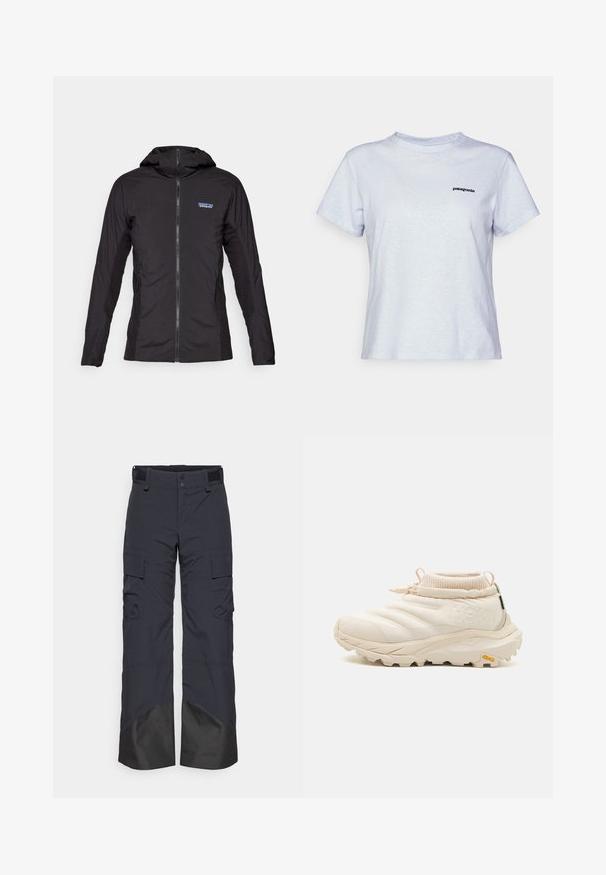 Jachetă ușoară de culoare neagră, cu fermoar frontal și glugă. Panouri din material texturat pe laterale, având un logo mic în partea stângă sus.; Tricou din bumbac de culoare albastru deschis, cu mâneci scurte, de tip crew-neck, și un mic logo negru cu inscripția "patagonia" pe partea stângă a pieptului.; Pantaloni cargo gri închis, cu două butoane, talie cu velcro și secțiuni inferioare negre întărite. Prezintă multiple buzunare laterale și un croi drept.; Adidași bej deschis cu un superior quilted, guler elastic și talpă Vibram. Include un tab de tragere și o închidere cu fermoar. Finisaj texturat.