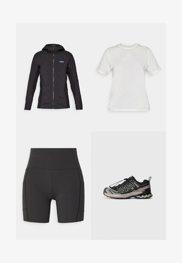 Μαύρο ελαφρύ μπουφάν με φερμουάρ μπροστά και κουκούλα. Υφασμάτινες πλάκες με υφή στα πλάγια, με ένα μικρό λογότυπο στο επάνω αριστερό μέρος.; Λευκή κοντομάνικη αθλητική μπλούζα από πλέγμα με στρογγυλή λαιμόκοψη και μικρό λογότυπο "Salomon" στο κέντρο του στήθους.; New Balance SLEEK POCKET HIGH RISE SHORT - Κολάν - black; Μαύρο και γκρι αθλητικό παπούτσι με επάνω από δίχτυ, καουτσούκ σόλα και ελαστικό σύστημα δέσιμο. Διαθέτει ενισχυμένη μύτη και υφασμάτινα διακοσμητικά στοιχεία.