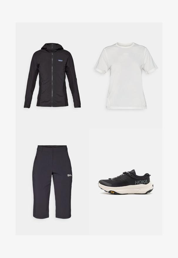 Melnā vieglā jaka ar priekšējo rāvējslēdzēju un kapuci. Tekstūras auduma paneļi sānos, ar mazu logo augšējā kreisajā stūrī.; Balts īsām piedurknēm sporta režīms krekls ar apaļu kakla izgriezumu un mazu "Salomon" logotipu centrā uz krūtīm.; Tumši pelēki āra šorti ar gludu tekstūru, kas aprīkoti ar kabatu ar rāvējslēdzēju un logotipu kreisajā pusē priekšā. Vidēja garuma dizains līdz augšstilbam.; Melni sporta apavi ar elpojošu režģi augšdaļā, gumijas zoli, baltu amortizējošu starpzoli un atstarotājām šņorēm. Vibram logo uz zoles.