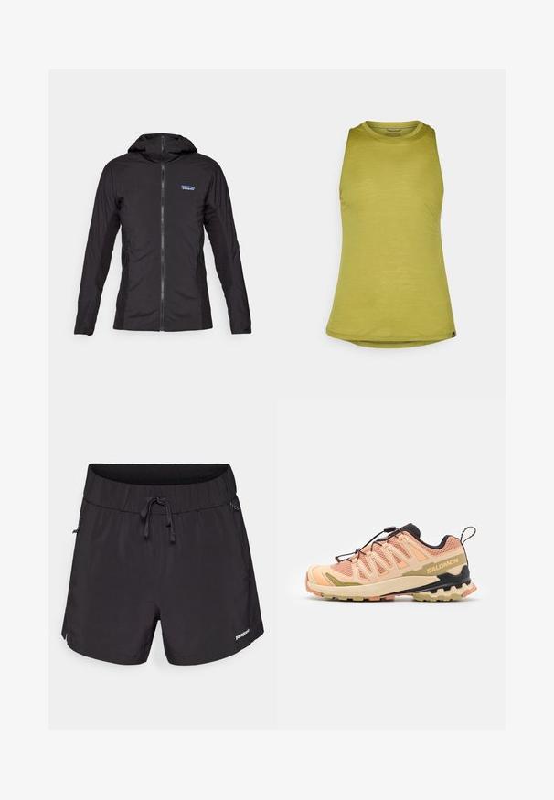 Čierna ľahká bunda s predným zipsom a kapucňou. Textúrované látkové panely po stranách, s malým logom na hornej ľavej strane.; Olivovo zelený bezrukávový top s okrúhlym výstrihom, vyrobený z hladkej tkaniny, s mierne uvoľneným strihom a zakriveným lemom.; Čierne plavecké šortky vyrobené z ľahkej tkaniny, s elastickým pásom, šnúrkou na sťahovanie a bočnými vreckami pre funkčnosť.; Trail running obuv Salomon v ružovej a béžovej farbe s textúrovaným sieťovinovým zvrškom, flexibilnou podrážkou, výrazným dizajnom päty a reflexnými prvkami.