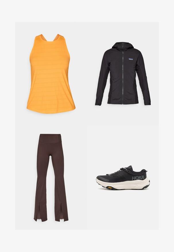 Black lightweight jacket with a front zipper and hood. Textured fabric panels on the sides, featuring a small logo on the upper left.; Orange athletic tank top with a textured pattern, featuring a scoop neck and wide straps for support and ease of movement.; Brown flared leggings in soft fabric with a high waistband and side slits at the hem. Features flatlock seams for a smooth fit.; Black athletic shoes with a breathable mesh upper, rubber outsole, white cushioning midsole, and reflective laces. Vibram logo on outsole.