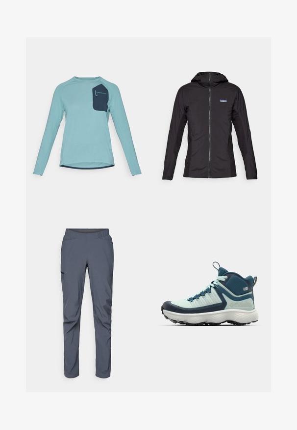 Czarna, lekka kurtka z suwakiem z przodu i kapturem. Teksturalne panele materiału po bokach, z małym logo na górze po lewej stronie.; Koszula z długim rękawem w jasnoniebieskim, teksturowanym materiale. Posiada granatową kieszeń z logo. Okrągły dekolt i zakrzywiony krój dolnej krawędzi.; Szare spodnie treningowe z elastycznym pasem, dwoma przednimi kieszeniami i kieszenią błyskawiczną z boku. Gładka tekstura i zwężany krój.; Męskie buty trekkingowe w jasnym odcieniu turkusowym i granatowym. Posiadają teksturowaną cholewkę, formowaną gumową osłonę na palce oraz agresywną podeszwę dla lepszej przyczepności.