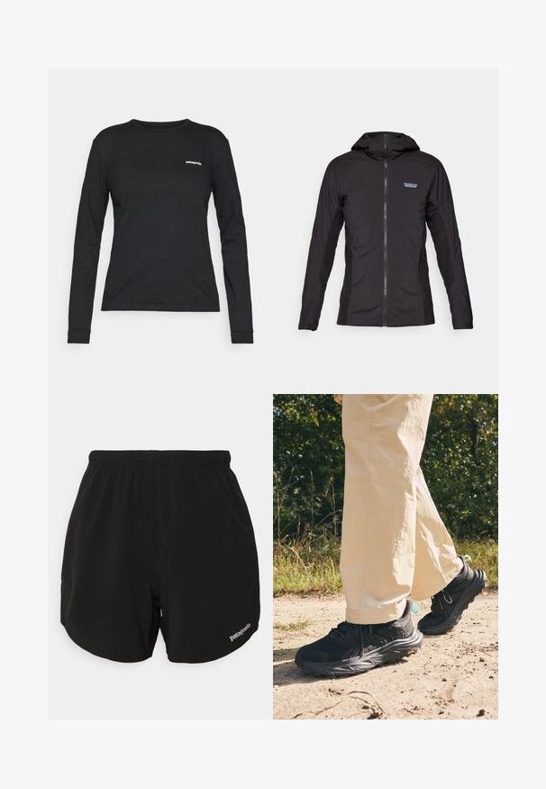 Juodas lengvas švarkas su priekiniais užtrauktukais ir gobtuvu. Šoninės dalys pagamintos iš tekstūruoto audinio, viršuje kairėje pusėje yra nedidelis logotipas.; Juodas ilgarankovis marškinėlis, pagamintas iš medvilnės, su apvalia iškirpte ir mažuoju baltu logotipu kairėje krūtinės pusėje. Lygi tekstūra, prigludusi forma.; Juoda sportinė šortai su elastingu juosmeniu, turintys kreivinę apatinę dalį, šonines kišenes ir mažą baltą "Patagonia" logotipą apatiniame dešiniajame kampe.; Juodi žygio sportbačiai su tekstūruotu paviršiumi, raišteliais ir storu padu, ant kurio yra Vibram logotipas. Dėvimi su šviesių spalvų kelnėmis.