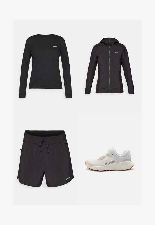 Casaco leve preto com fecho na frente e capuz. Painéis de tecido texturizado nos lados, apresentando um pequeno logótipo no canto superior esquerdo.; Camiseta preta de mangas longas em algodão, com decote redondo e um pequeno logo branco no peito esquerdo. Textura suave, design ajustado.; Fato de banho preto feito de tecido leve, com uma cintura elástica, cordão e bolsos laterais para maior funcionalidade.; Sapatilha atlética leve da Columbia em malha branca com uma sola cinza texturizada e tração em borracha. Apresenta um colarinho acolchoado e um design com atacadores.