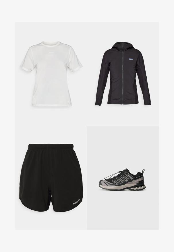 Mustmust kaaluv jope, millel on eesneel ja kapuuts. Külgedel on tekstuuriga kangaste paneelid ning vasakul üleval on väike logo.; Valge lühikeste varrukatega sportlikest võrkkanga särk, ümar kaelus ja väike "Salomon" logo keskel rinnal.; Mustad mustad lühikesed püksid elastse vöökohtaga, kaarjalt allapoole lõigatud, küljetaskud ja väike valge "Patagonia" logo all paremal.; Must mustriline ja hallid spordijalatsid, millel on võrgu ülemine osa, kummist põhi ja elastne nööri süsteem. Omab tugevdatud varvaskatet ja tekstuursete aktsentidega detaile.
