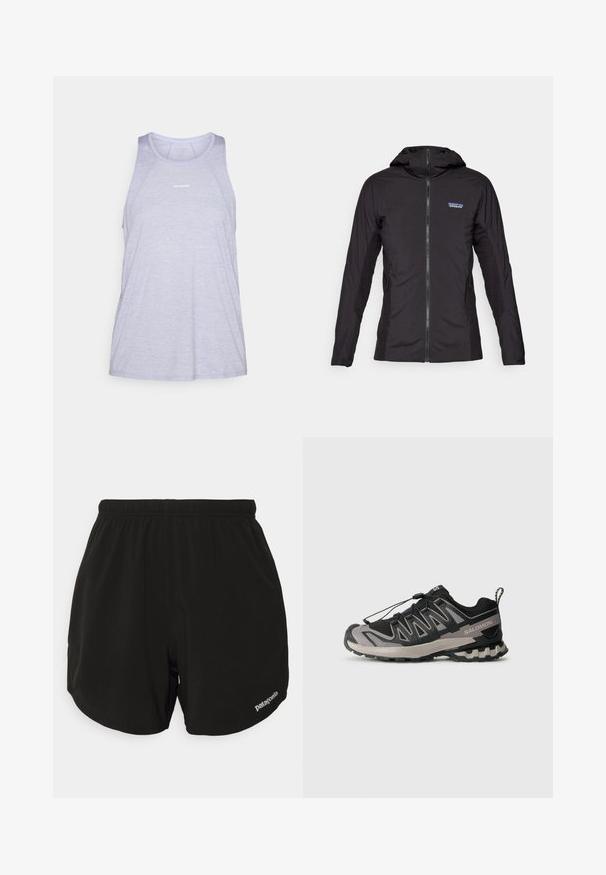 Melnā vieglā jaka ar priekšējo rāvējslēdzēju un kapuci. Tekstūras auduma paneļi sānos, ar mazu logo augšējā kreisajā stūrī.; Gaiši purpura sporta tank tops, izgatavots no elpojoša auduma, ar apaļu kakla izgriezumu, bez piedurknēm un minimālu logotipa akcentu.; Melnas sporta šortas ar elastīgu jostasvietu, ar izliekto apakšmalu, sānu kabatām un mazu baltu "Patagonia" logotipu apakšējā labajā stūrī.; Melnas un pelēkas sporta apavus ar sietveida augšdaļu, gumijas zoli un elastīgu šņorēšanas sistēmu. Iespējama pastiprināta purngala un teksturēti akcenti.
