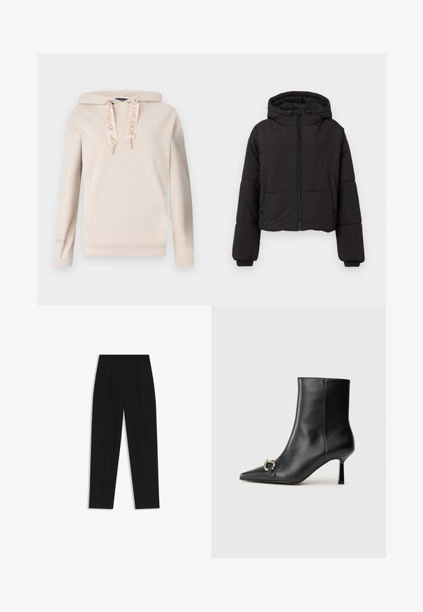 Giacca puffer nera cropped con cappuccio, dotata di zip frontale a tutta lunghezza, polsini elasticizzati e un logo discreto sul petto.; Felpa con cappuccio beige dotata di coulisse, con dettagli dorati, maniche lunghe e un sottile logo sulla manica. Tessuto morbido.; T-shirt in cotone nero con maniche corte arrotolate, scollatura rotonda e etichetta rossa. Texture liscia, forma aderente con dettagli minimi.; Pantaloni neri a taglio dritto, con doppie pieghe, una texture liscia e un design classico in vita. Nessun hardware o dettaglio visibile.; Stivale alla caviglia in pelle nera con punta affusolata, tacco sottile di media altezza e dettaglio in fibbia argentata sul lato, su sfondo semplice.