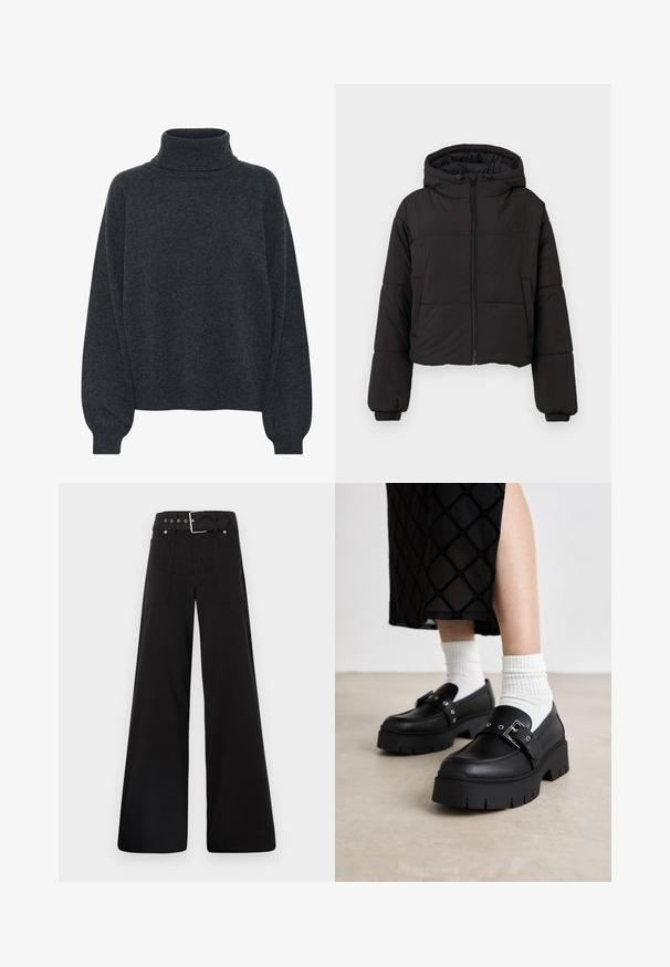 Schwarze verkürzte Daunenjacke mit Kapuze, ausgestattet mit einem durchgehenden Reißverschluss vorne, elastischen Bündchen und einem dezenten Logo auf der Brust.; Gestuz MANZI ROLLNECK - Strickpullover - deep graphite; Schwarzes Baumwoll-T-Shirt mit kurzen, aufgerollten Ärmeln, rundem Halsausschnitt und rotem Etikett. Glatte Textur, taillierte Form mit minimalen Details.; Schwarze weitgeschnittene Hose aus Baumwolle, mit hoher Taille, großen Seitentaschen und einem taillierten Bund mit silbernen Hardware-Akzenten.; Schwarze Plateauslurchen mit glattem Lederfinish, ausgestattet mit einer Schnallendetail und Nietenakzenten, kombiniert mit weißen gerippten Socken.