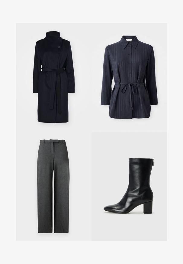 Abrigo de lana azul marino con cuello alto, mangas largas y un cinturón a juego. Presenta un cierre de botón único y una textura suave.; Camisa azul marino con rayas blancas verticales, mangas largas, botones en el frente y cuello de camisa. Presenta un lazo en la cintura para un silueta ajustada.; Pantalones de pierna ancha texturizados en gris con un ajuste entallado, que cuentan con una cintura con pasadores para cinturón y bolsillos laterales, elaborados en una tela pulida.; Bota de cuero negro hasta el tobillo con punta afilada y tacón de bloque de 4 cm. Su diseño elegante incluye una cremallera lateral para facilitar su uso. Textura suave.