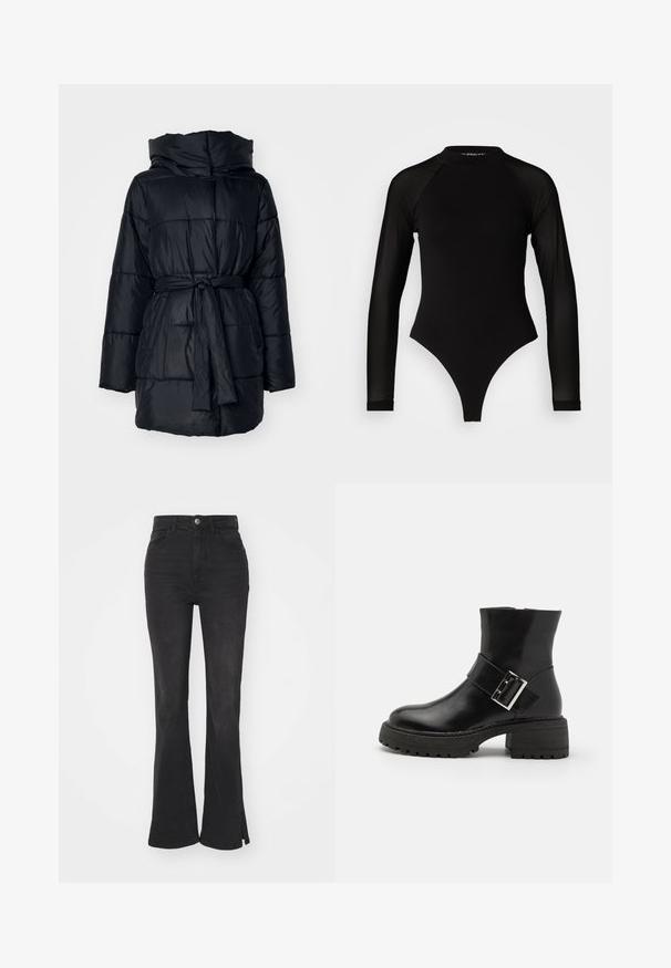 Crni puffer kaput s visokim ovratnikom, dugim rukavima, strukiranim pojasom i kviltanim uzorkom. Izrađen od glatkog, laganog materijala.; Crni bodi s dugim rukavima i visokim ovratnikom, s čvrstom tkaninom na trupu i prozirnim mrežastim rukavima, dizajniran u uskom kroju.; Crne traperice visokog struka sa proširenim nogavicama, strukirane, napravljene od denima, s prednjim zatvaranjem na gumbe i prorezom na rubu.; Crne kožne gležnjače s blok petom, s ukrasnom trakicom i detaljem s kopčom, teksturiranom potplatom i glatkom završnom obradom.