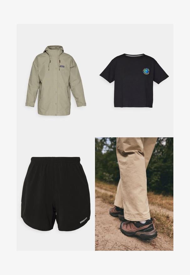 Világosszürke vízálló dzseki kapucnival, patent gombokkal, állítható húzózsinórral és két oldalsó zsebbel. Egyszerű dizájn, laza szabással.; Fekete pamut rövid ujjú póló, melynek mellkasán egy kör alakú, színes logó található. Egyenes alj és laza szabás jellemzi.; Fekete sportnadrág elasztikus derékkal, ívelt szegéllyel, oldalsó zsebekkel, és egy apró fehér "Patagonia" logóval az alsó jobb oldalon.; Salomon X ULTRA 360 LTR GORE TEX - Túracipők - cognac/peppercorn/black