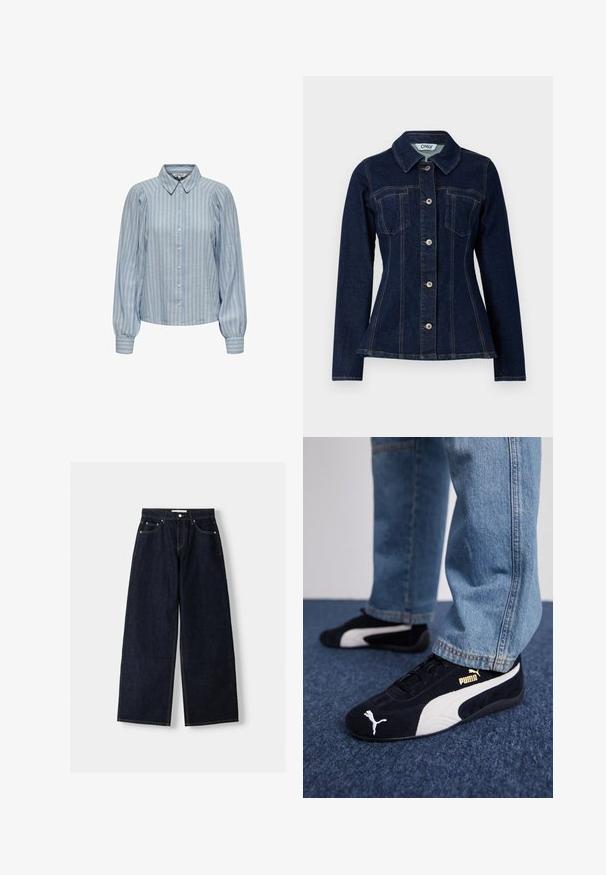 Dark blue denim jacket with a fitted design, a pointed collar, front button closure, and two chest pockets. Contrast stitching visible.; Light blue button-up shirt with white vertical stripes, featuring a classic collar and puffed long sleeves with gathered cuffs.; Dark blue denim wide-leg jeans with a high waist, five pockets, contrast stitching, and silver metal hardware. Smooth texture and clean finish.; Black suede sneakers with white accents, featuring a gold logo. Worn with light blue denim jeans and set on a textured blue surface.