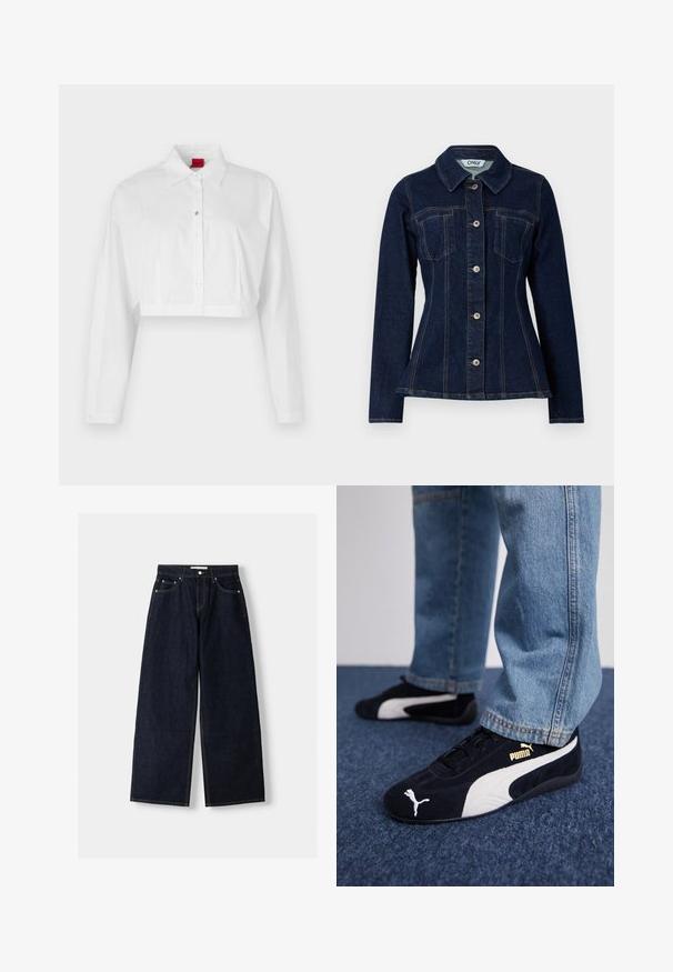 Ciemnoniebieska dżinsowa kurtka o dopasowanym kroju, z szpiczastym kołnierzem, z przodu zapinana na guziki i z dwiema kieszeniami na piersi. Widoczna kontrastowa nitka.; Biała krótka koszula zapinana na guziki z kołnierzykiem o szpiczastym kształcie, długimi rękawami i subtelnym logo na piersi. Gładki materiał bez wzorów.; Granatowe dżinsy z szerokimi nogawkami i wysokim stanem, pięć kieszeni, kontrastowe szwy i srebrne metalowe akcesoria. Gładka tekstura i czyste wykończenie.; Czarne zamszowe sneakersy z białymi akcentami i złotym logo. Noszone z jasnoniebieskimi dżinsami na teksturowanej niebieskiej powierzchni.