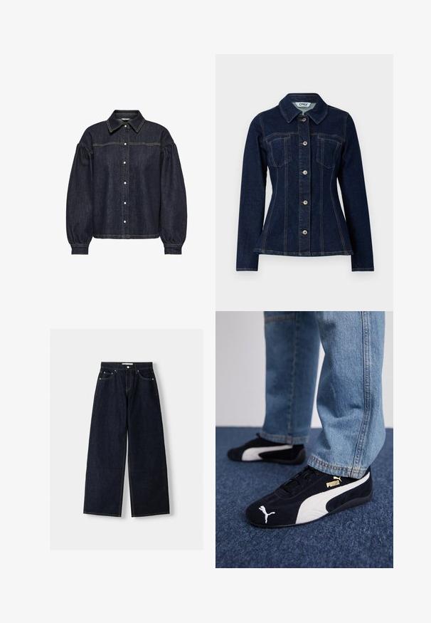 Ciemnoniebieska dżinsowa kurtka o dopasowanym kroju, z szpiczastym kołnierzem, z przodu zapinana na guziki i z dwiema kieszeniami na piersi. Widoczna kontrastowa nitka.; Granatowa koszula dżinsowa z bufiastymi długimi rękawami, zapinana na guziki, z kontrastowym żółtym przeszyciem na klatce piersiowej i szwach rękawów.; Granatowe dżinsy z szerokimi nogawkami i wysokim stanem, pięć kieszeni, kontrastowe szwy i srebrne metalowe akcesoria. Gładka tekstura i czyste wykończenie.; Czarne zamszowe sneakersy z białymi akcentami i złotym logo. Noszone z jasnoniebieskimi dżinsami na teksturowanej niebieskiej powierzchni.