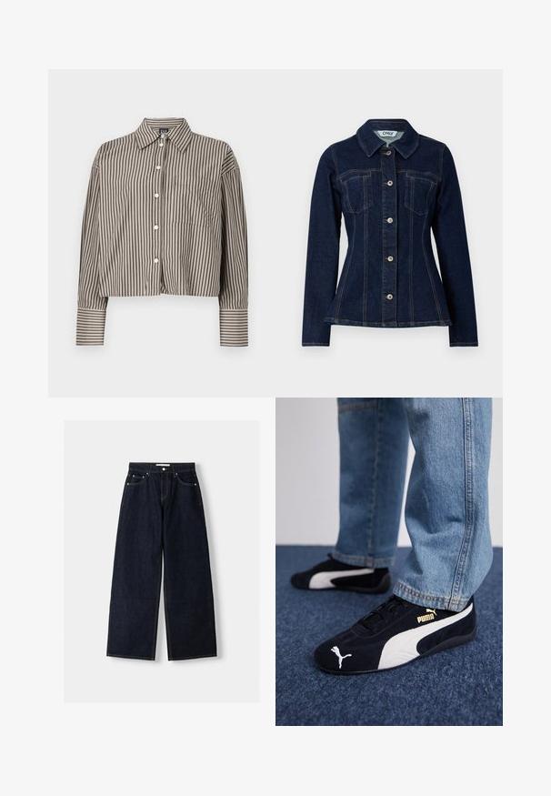 Ciemnoniebieska dżinsowa kurtka o dopasowanym kroju, z szpiczastym kołnierzem, z przodu zapinana na guziki i z dwiema kieszeniami na piersi. Widoczna kontrastowa nitka.; Brązowo-biała koszula z długim rękawem i pionowymi paskami, krótka, zapinana na guziki z przodu, z kołnierzykiem w szpic, kieszenią na piersi oraz szerokimi mankietami.; Granatowe dżinsy z szerokimi nogawkami i wysokim stanem, pięć kieszeni, kontrastowe szwy i srebrne metalowe akcesoria. Gładka tekstura i czyste wykończenie.; Czarne zamszowe sneakersy z białymi akcentami i złotym logo. Noszone z jasnoniebieskimi dżinsami na teksturowanej niebieskiej powierzchni.