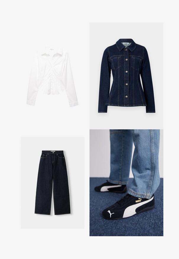 Jachetă din denim de culoare bleu închis, cu un design ajustat, guler ascuțit, închidere cu nasturi în față și două buzunare pe piept. Cusături contrastante vizibile.; Cămașă pentru femei, albă, cu mânecă lungă, ajustată, cu guler, având detalii discrete de cusătură și un tiv ușor curbat.; Jeans wide-leg din denim albastru închis, cu talie înaltă, cinci buzunare, cusături în contrast și elemente metalice argintii. Textură netedă și finisaj curat.; Tenisi negri din suede cu accente albe, dotati cu un logo auriu. Purtați cu blugi din denim deschis la culoare și așezați pe o suprafață texturată albastră.