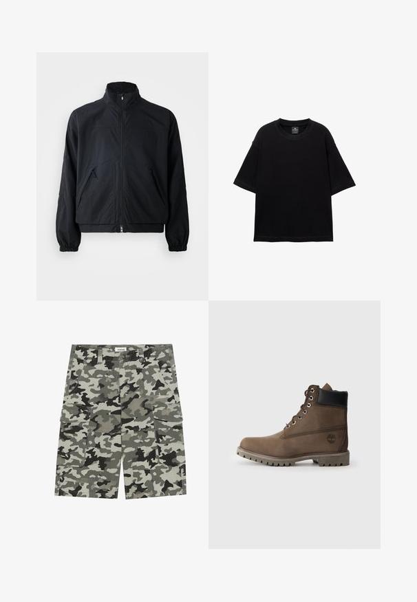 Musta vetoketjullinen takki, jossa on korkea kaulus, kahdella etutaskulla ja elastisilla hihansuilla, valmistettu kevyestä, teksturoidusta materiaalista.; Lyhythihainen musta t-paita puuvillasta, jossa on pyöreä kaula-aukko ja rento mitoitus. Sileä pinta, jossa on vain vähän ommel yksityiskohtia.; Kamelio cargo shorts harmaan ja vihreän sävyissä, joissa on useita taskuja, nappisulku ja kestävä kankaan rakenne.; Ruske nahodne čizme od kože s crnim okovratnikom, metalnim rupama za vezanje i čvrstim siva potplatom. Ima logotip sa strane i šivane detalje.
