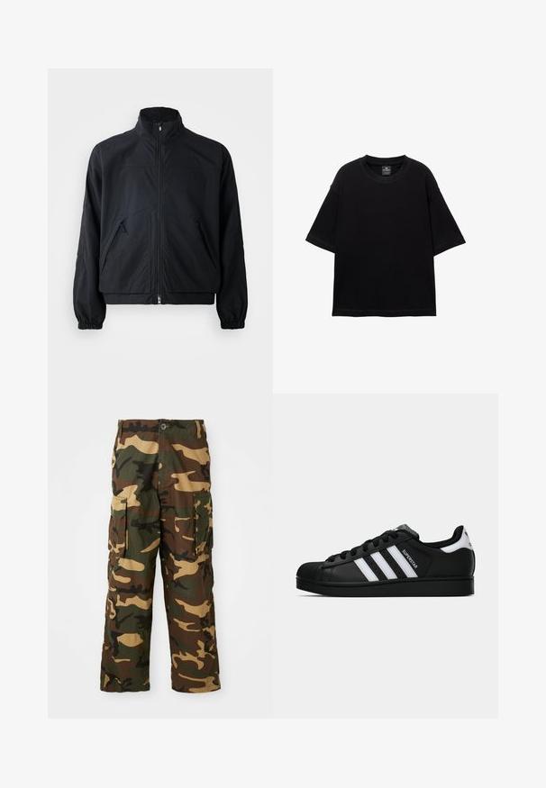 Crna jakna s patentnim zatvaračem i visokim ovratnikom, koja ima dva prednja džepa i elastične manžete, napravljena od laganog, teksturiranog materijala.; Crna kratka majica s kratkim rukavima od pamuka, s okruglim izrezom i ležernim krojem. Glatka tekstura s minimalnim detaljima šivanja.; Kamuflažne cargo hlače u zelenoj, smešnoj i bež boji. Imaju dva velika bočna džepa i kopčanje na dugme. Napravljene su od teksturiranog materijala.; Crne Adidas Superstar tenisice s bijelim prugama, konusom na vrhu i natpisom "Superstar" sa strane, prikazane u bočnom profilu na bijeloj pozadini.