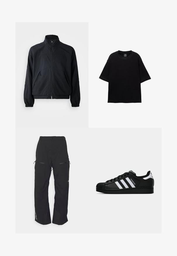 Zwarte zip-up jas met hoge kraag, voorzien van twee zijzakken en elastische manchetten, gemaakt van een lichtgewicht, gestructureerd materiaal.; Zwarte T-shirt met korte mouwen, gemaakt van katoen, met een ronde halslijn en een ontspannen pasvorm. Gladde textuur met minimale stikdetails.; Oakley TNP LINED SHELL PANT 2.0 - Snowboardbroek - blackout; Zwarte Adidas Superstar sneaker met witte strepen, schelpneus en 'Superstar' tekst aan de zijkant, afgebeeld in zijaanzicht op een witte achtergrond.