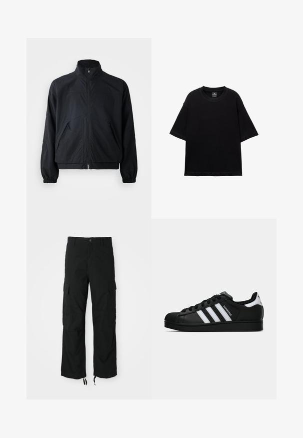 Schwarze Zip-Jacke mit hohem Kragen, ausgestattet mit zwei Fronttaschen und elastischen Bündchen, hergestellt aus einem leichten, strukturierten Material.; Schwarzes T-Shirt mit kurzen Ärmeln aus Baumwolle, mit Rundhalsausschnitt und lockerer Passform. Glatte Textur mit minimalen Nähten.; Schwarze Cargo-Hosen aus strapazierfähigem Material, mit zwei Seitentaschen, einem Knopfverschluss und verstellbaren Säumen für eine lockere, relaxten Passform.; Schwarzer Adidas Superstar Sneaker mit weißen Streifen, Schalenzehen und "Superstar"-Schriftzug an der Seite, im Seitenprofil auf weißem Hintergrund dargestellt.