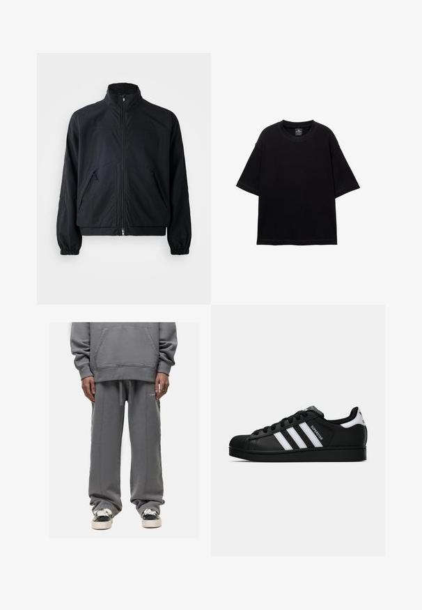 Zwarte zip-up jas met hoge kraag, voorzien van twee zijzakken en elastische manchetten, gemaakt van een lichtgewicht, gestructureerd materiaal.; Zwarte T-shirt met korte mouwen, gemaakt van katoen, met een ronde halslijn en een ontspannen pasvorm. Gladde textuur met minimale stikdetails.; Grijze sweatshirt met een kangoeroezak en losvallende grijze joggingbroek. Beide hebben een zachte textuur en zichtbare stiksels.; Zwarte Adidas Superstar sneaker met witte strepen, schelpneus en 'Superstar' tekst aan de zijkant, afgebeeld in zijaanzicht op een witte achtergrond.