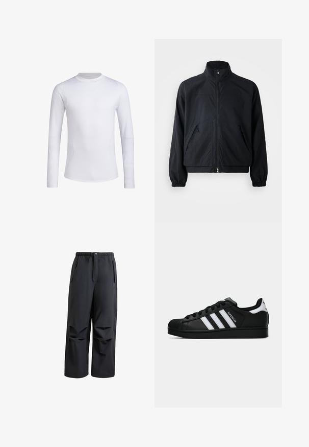 Schwarze Zip-Jacke mit hohem Kragen, ausgestattet mit zwei Fronttaschen und elastischen Bündchen, hergestellt aus einem leichten, strukturierten Material.; Weißes langärmliges Sportshirt aus glattem, dehnbarem Stoff. Verfügt über einen Rundhalsausschnitt und eine schlanke Passform, mit dezenten Details an den Ärmeln.; Schwarze, locker sitzende Hose aus weichem Stoff. Mit einem elastischen Bund, Knopfverschluss und zwei seitlichen Taschen mit plissierten Details.; Schwarzer Adidas Superstar Sneaker mit weißen Streifen, Schalenzehen und "Superstar"-Schriftzug an der Seite, im Seitenprofil auf weißem Hintergrund dargestellt.