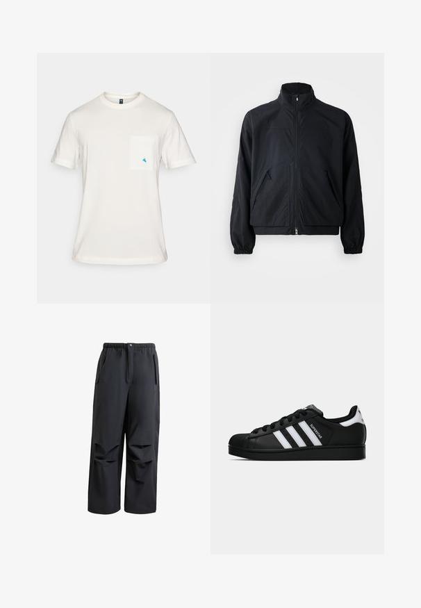 Chaqueta negra con cremallera y cuello alto, con dos bolsillos frontales y puños elásticos, hecha de un material ligero y con textura.; Camiseta blanca de algodón con mangas cortas, cuello redondo y un bolsillo en el lado izquierdo del pecho que presenta un pequeño logotipo triangular azul.; Pantalones negros de corte holgado, hechos de una tela suave. Cuentan con una cinturilla elástica, cierre de botón y dos bolsillos laterales con detalles plisados.; Zapatilla negra Adidas Superstar con rayas blancas, punta de concha y texto "Superstar" en el lateral, mostrada en perfil lateral sobre un fondo blanco.