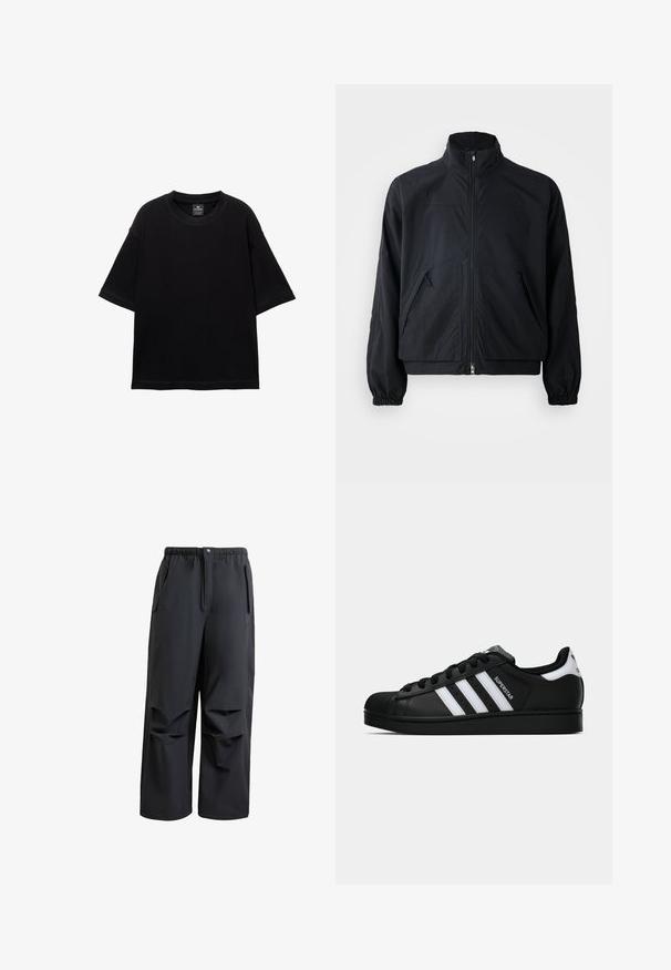 Czarna kurtka zapinana na zamek z wysokim kołnierzem, z dwiema przednimi kieszeniami i elastycznymi mankietami, wykonana z lekkiego, strukturalnego materiału.; Czarny T-shirt z krótkim rękawem wykonany z bawełny, z okrągłym dekoltem i luźnym krojem. Gładka faktura z minimalnymi detalami przeszycia.; Czarne, luźne spodnie z miękkiego materiału. Posiadają elastyczny pas, zapięcie na guzik oraz dwie boczne kieszenie z plisowanymi detalami.; Czarne sneakersy Adidas Superstar z białymi paskami, noskiem w kształcie muszli i napisem "Superstar" na boku, zaprezentowane w profilu bocznym na białym tle.