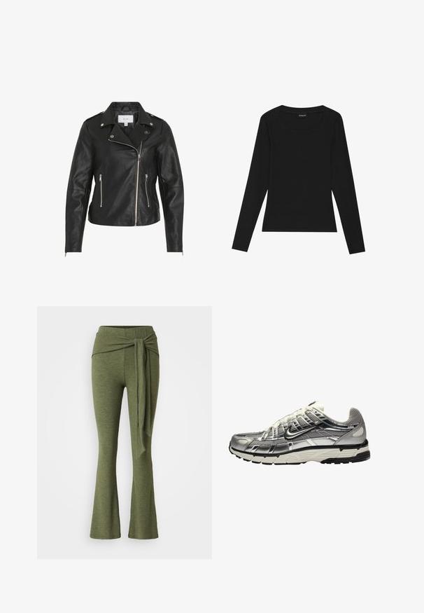 Zwarte leren motorjack met een asymmetrische ritssluiting, zilveren hardware, twee ritszakken en gestructureerde naden.; Zwarte lange mouwen ribbeltrui met een ronde halslijn en een aangesloten silhouet. De stof heeft een zachte textuur en rekbare kwaliteit.; Olijfgroene broek in een zachte stof met een uitlopende pijpdesign. Kenmerkt zich door een opvallende knoopdetail op de hoge taille.; Zilveren en zwarte sportschoen met een bovenwerk van mesh en synthetisch materiaal, een volumineus ontwerp en een gestructureerde afwerking. Voorzien van een gevoerde kraag en een rubberen zool.