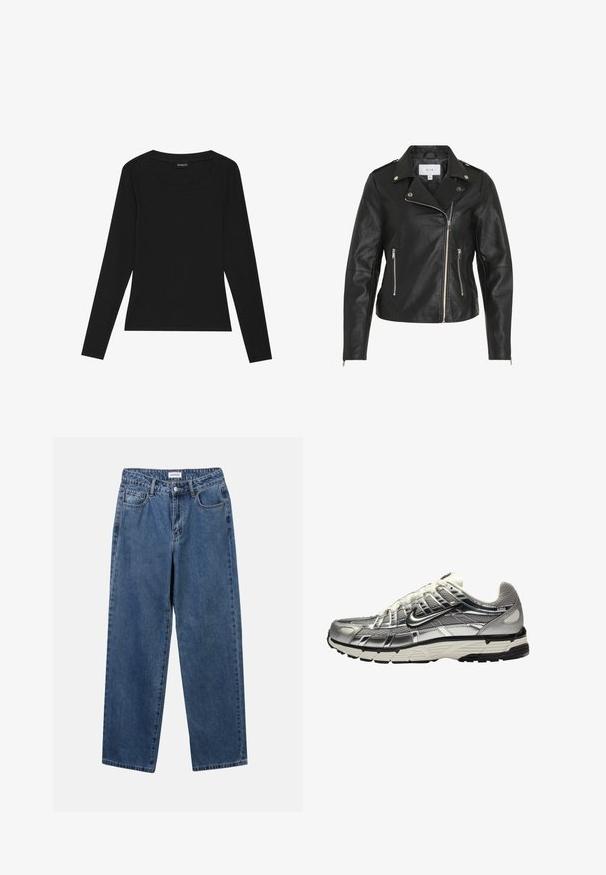 Fekete bőr motoros dzseki aszimmetrikus cipzárral, ezüst színű fém kiegészítőkkel, két cipzáras zsebbel és strukturált varratokkal.; Fekete, hosszú ujjú bordás felső, kerek nyakkivágással és testhezálló siluettel. Az anyag sima textúrájú és rugalmas.; Klasszikus kék farmernadrág egyenes szárú dizájnal, öt zsebbel és gombos zárással. Közepes mosású és strapabíró textúrával rendelkezik.; Ezüst és fekete sportcipő, hálós és szintetikus felsőrésszel, voluminózus dizájnnal és texturált felülettel. Párnázott bokarésszel és gumitalppal rendelkezik.