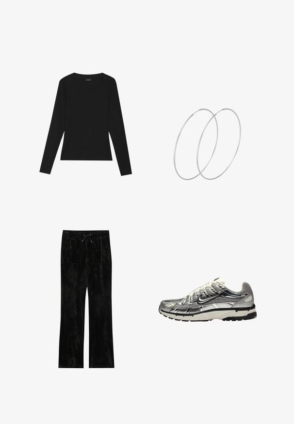 Zwarte leren motorjack met een asymmetrische ritssluiting, zilveren hardware, twee ritszakken en gestructureerde naden.; Zwarte lange mouwen ribbeltrui met een ronde halslijn en een aangesloten silhouet. De stof heeft een zachte textuur en rekbare kwaliteit.; Zwarte velours broek met een zachte textuur, wijde pijpen, elastische tailleband, koordsluiting en twee voorzakken.; Zilveren en zwarte sportschoen met een bovenwerk van mesh en synthetisch materiaal, een volumineus ontwerp en een gestructureerde afwerking. Voorzien van een gevoerde kraag en een rubberen zool.; Zilveren hoepel oorbellen met een minimalistisch ontwerp. Cirkelvormig, gladde textuur en dun profiel. Lichtgewicht met een gepolijste afwerking.