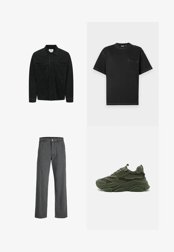 Svart langermet denim skjortejakke med to brystlommer, knappelukking foran, og krage, vist på en hvit bakgrunn.; Svart T-skjorte med kort erme laget av bomull, med en venstre brystlomme, kontrasterende hvite sømmer og rund hals.; Mørk grå vide bukser laget av denim. Har en front knapp og glidelåslukking, beltehemper og et klassisk fem-lomme design.; Olivegrønne sneakers med en kombination af glatte og mesh materialer, med en chunky sål, teksturerede detaljer og snørebåndsdesign.