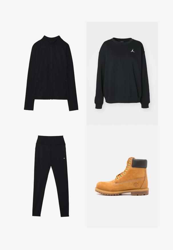 Schwarze Zip-Jacke mit hohem Kragen, aus weichem Stoff gefertigt. Verfügt über Raglanärmel und zwei seitliche Reißverschlusstaschen. Glatte Textur.; Schwarzer Pullover aus Baumwolle, mit rundem Ausschnitt, langen Ärmeln, gerippten Bündchen und Saum, versehen mit einem weißen Jumpman-Logo auf der Brust.; Schwarze Leggings aus dehnbarem Stoff mit einem breiten, nahtlosen Bündchen und minimalem weißem Logo-Detail in der Hüftgegend. Glatte Textur.; Braune Leder-Stiefelette mit schwarzer Polsterung, goldenen Ösen und einer strukturierten Sohle. Hat ein kreisförmiges Logo an der Seite und Nähakzente.