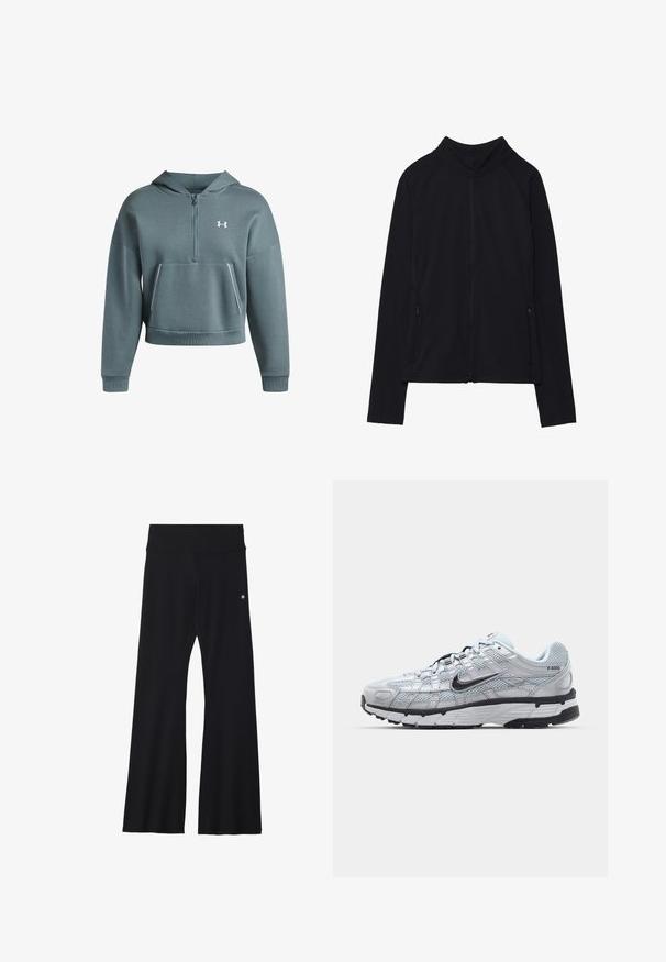Čierna zipsová bunda s vysokým golierom, vyrobená z jemného materiálu. Má raglánové rukávy a dve bočné vrecká na zips. Hladká textúra.; Tehlová, skrátená mikina s dlhými rukávmi, s polovičným zipsom vpredu, predným vreckom a bielym logom na hrudi. Vyrobená z mäkkej, textúrovanej tkaniny.; Čierne rozšírené jogové nohavice z elastického materiálu, s širokým pásom a malým logom blízko bokov. Hladká textura, žiadne vzory.; Tenisky Nike P-6000 s vrchným materiálom z jemnej šedej sieťoviny, čiernymi akcentmi a odolnou čiernou gumovou podrážkou. Obsahujú jemný dizajn a systém šnurovania.
