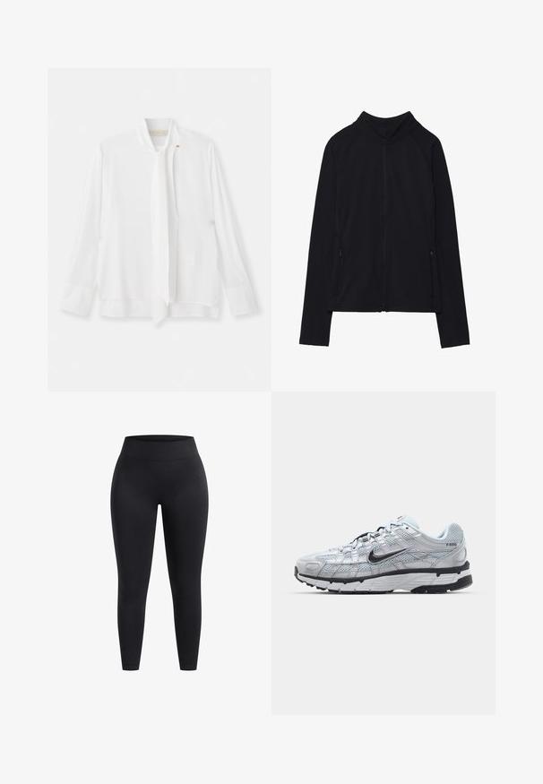 Zwarte zip-up jas met een hoge kraag, gemaakt van zacht materiaal. Voorzien van raglanmouwen en twee ritssluitingen aan de zijkant. Glad textuur.; Vanessa Bruno ESTEBAN - Blouse - ecru; Hoge zwarte legging gemaakt van rekbaar materiaal, met een gladde oppervlakte en een enkellange pasvorm. Geen patronen of zichtbare hardware details.; Nike P-6000 sneakers met een lichtgrijze mesh bovenkant, zwarte accenten en een duurzame zwarte rubberen zool. Kenmerkt zich door een ingewikkeld ontwerp en vetersysteem.