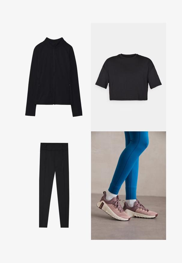 Černá bundě na zip s vysokým límcem, vyrobená z měkké látky. Má raglánové rukávy a dvě boční kapsy na zip. Hladká textura.; Černé zkrácené tričko vyrobené z měkké látky, s kulatým výstřihem a krátkými širokými rukávy, s jednoduchým bezšvovým designem.; Černé legíny s hladkou texturou, vysokým páskem a švy podél stran. Slim-fit design, vhodné pro různé aktivity.; Atletické boty v světle růžové a béžové barvě s texturovanými bočními panely, hnědými akcenty a flexibilními podrážkami. Nosí se s modrými legínami a bílými ponožkami.