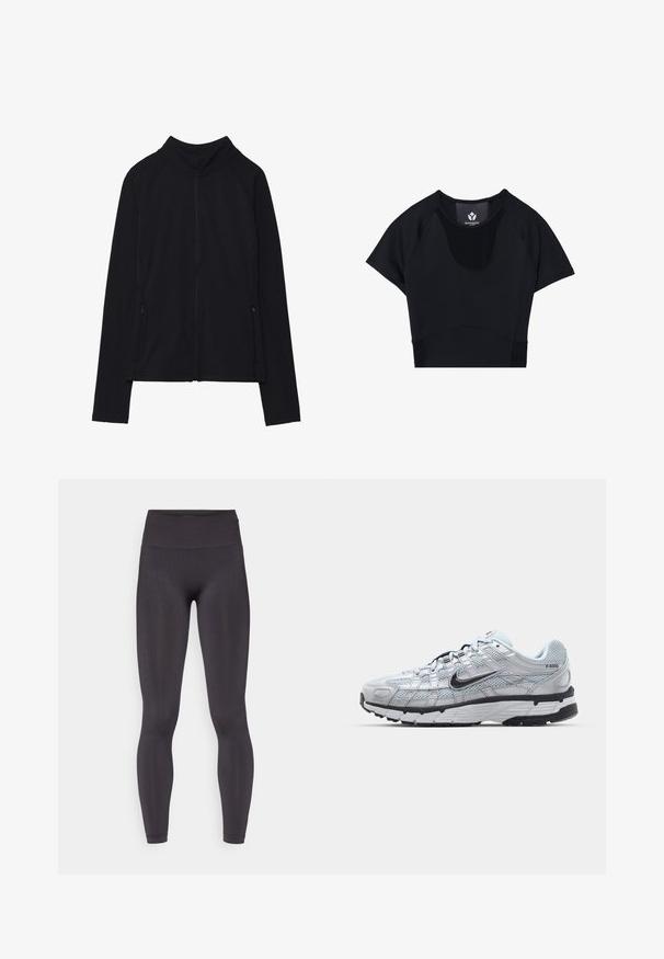 Fekete, cipzáros dzseki magas gallérral, puha anyagból készült. Raglán ujjakkal és két cipzáras oldalzsebbel rendelkezik. Simább textúra.; Fekete sportos crop top rövid ujjal, kerek nyakkal, textúrált panel részletezéssel és testhezálló kialakítással a karcsú megjelenésért.; ONLY Play ONPSCULP SEAM - Leggingek - black; Nike P-6000 sportcipő, világosszürke hálós felsőrésszel, fekete részletekkel és tartós fekete gumitalppal. Bonyolult dizájnnal és fűzőrendszerrel rendelkezik.